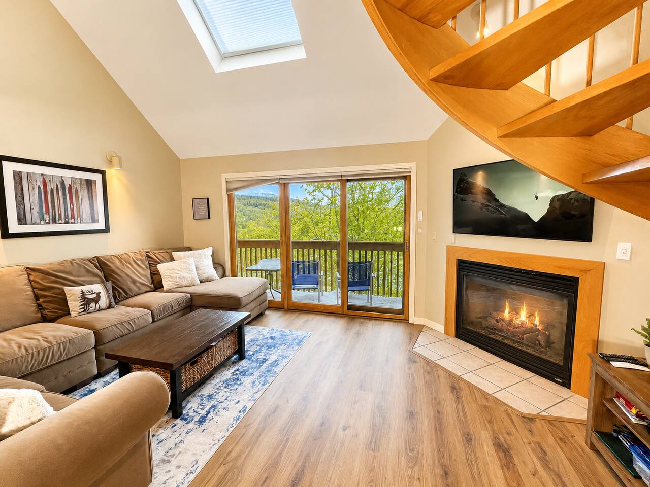 Cozy living room with fireplace at Nordic Village Hideaway